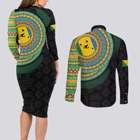 Malampa Tribal Tattoo with Namele Leaves Couples Matching Long Sleeve Bodycon Dress and Long Sleeve Button Shirt