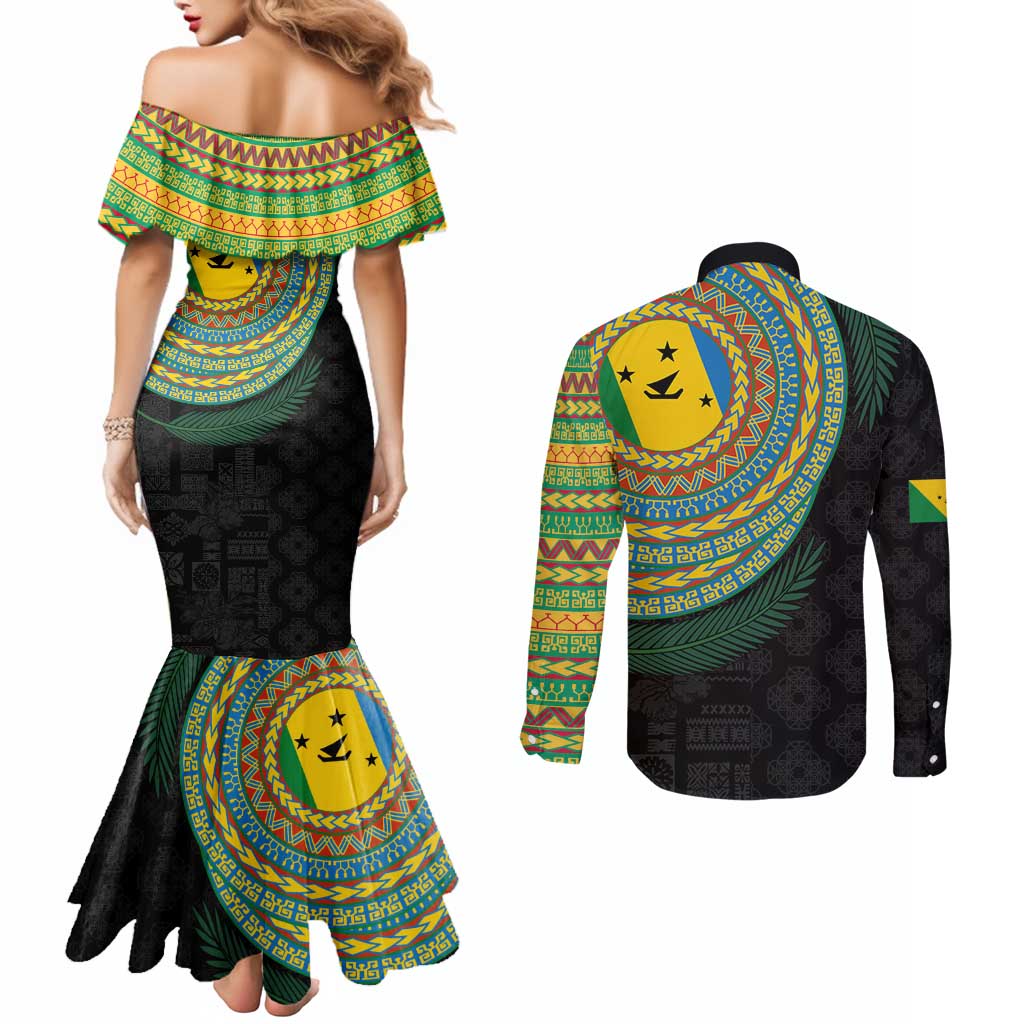 Malampa Tribal Tattoo with Namele Leaves Couples Matching Mermaid Dress and Long Sleeve Button Shirt