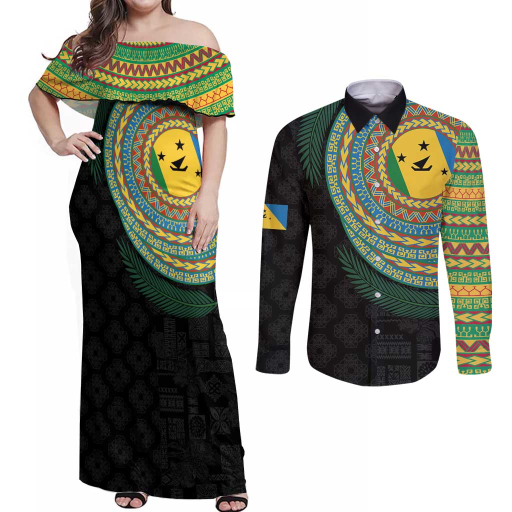 Malampa Tribal Tattoo with Namele Leaves Couples Matching Off Shoulder Maxi Dress and Long Sleeve Button Shirt
