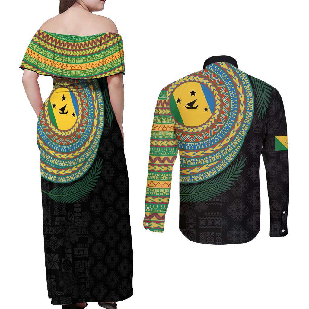 Malampa Tribal Tattoo with Namele Leaves Couples Matching Off Shoulder Maxi Dress and Long Sleeve Button Shirt