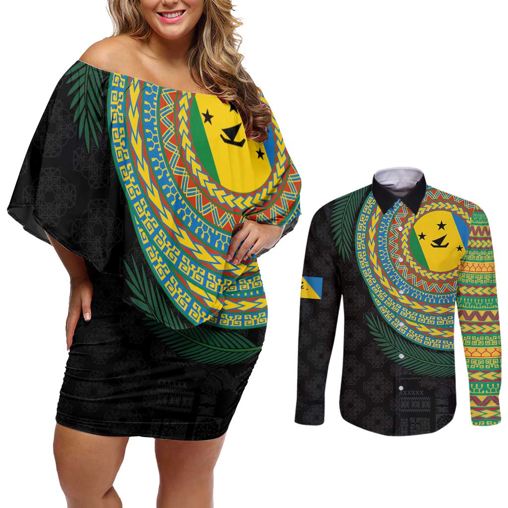 Malampa Tribal Tattoo with Namele Leaves Couples Matching Off Shoulder Short Dress and Long Sleeve Button Shirt