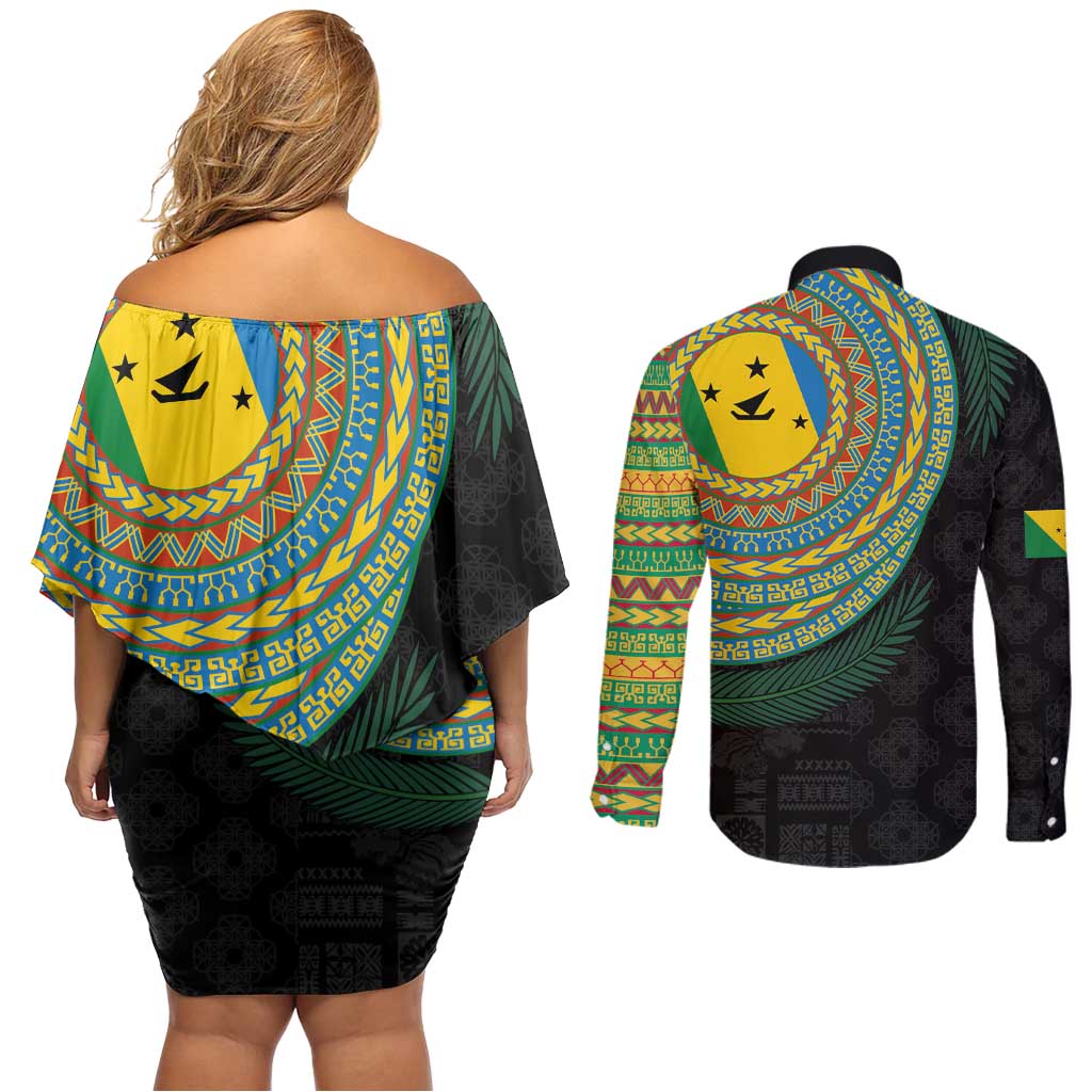 Malampa Tribal Tattoo with Namele Leaves Couples Matching Off Shoulder Short Dress and Long Sleeve Button Shirt