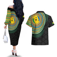 Malampa Tribal Tattoo with Namele Leaves Couples Matching Off The Shoulder Long Sleeve Dress and Hawaiian Shirt