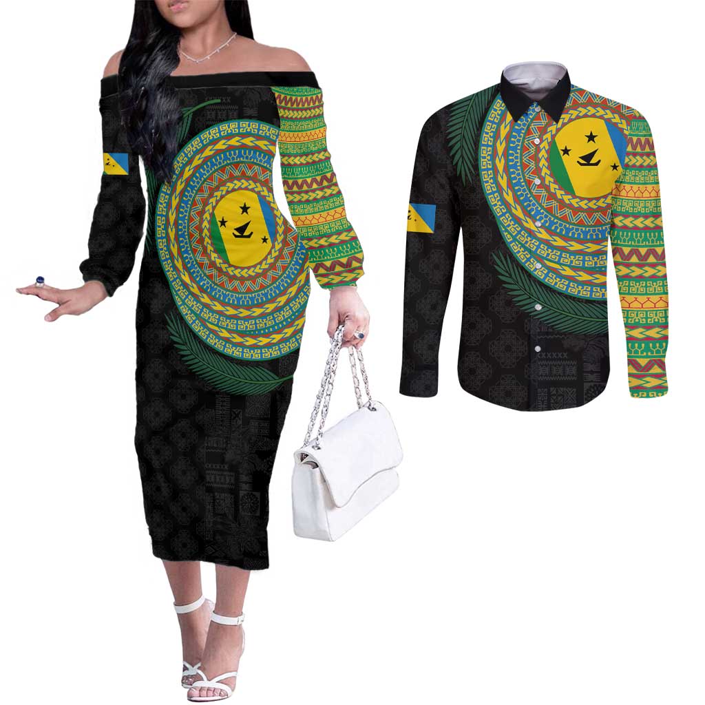 Malampa Tribal Tattoo with Namele Leaves Couples Matching Off The Shoulder Long Sleeve Dress and Long Sleeve Button Shirt