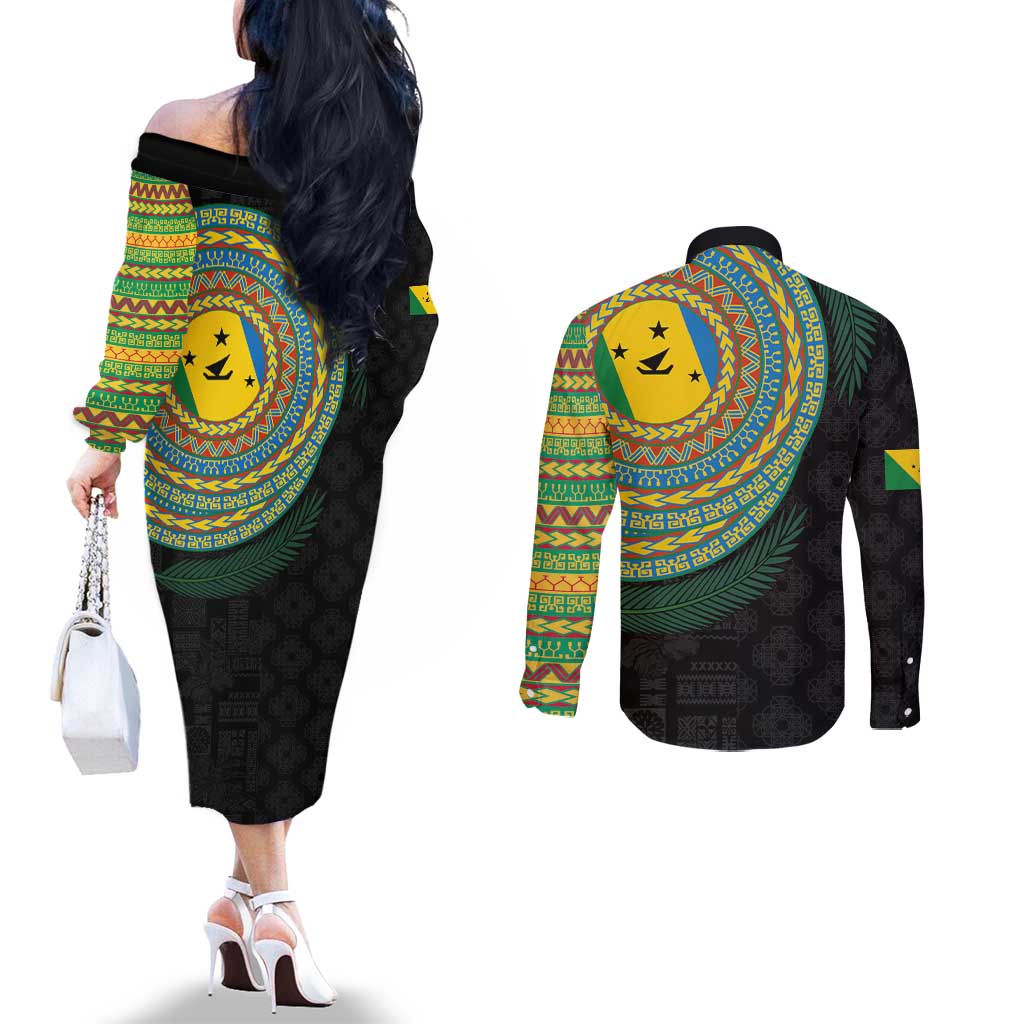 Malampa Tribal Tattoo with Namele Leaves Couples Matching Off The Shoulder Long Sleeve Dress and Long Sleeve Button Shirt