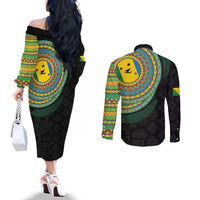 Malampa Tribal Tattoo with Namele Leaves Couples Matching Off The Shoulder Long Sleeve Dress and Long Sleeve Button Shirt