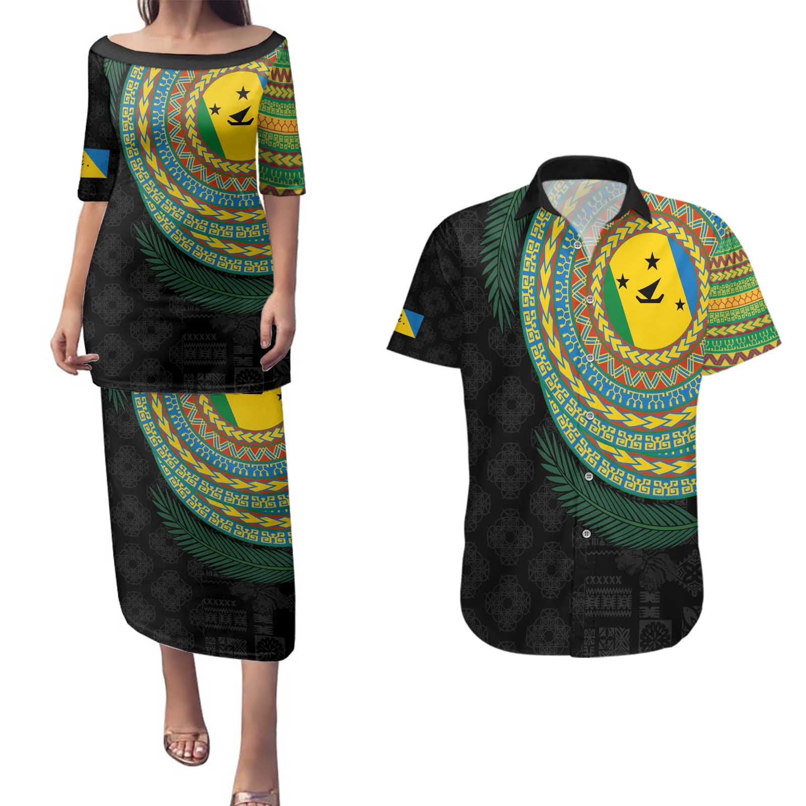 Malampa Tribal Tattoo with Namele Leaves Couples Matching Puletasi and Hawaiian Shirt