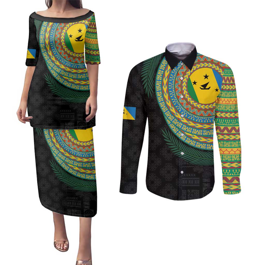 Malampa Tribal Tattoo with Namele Leaves Couples Matching Puletasi and Long Sleeve Button Shirt