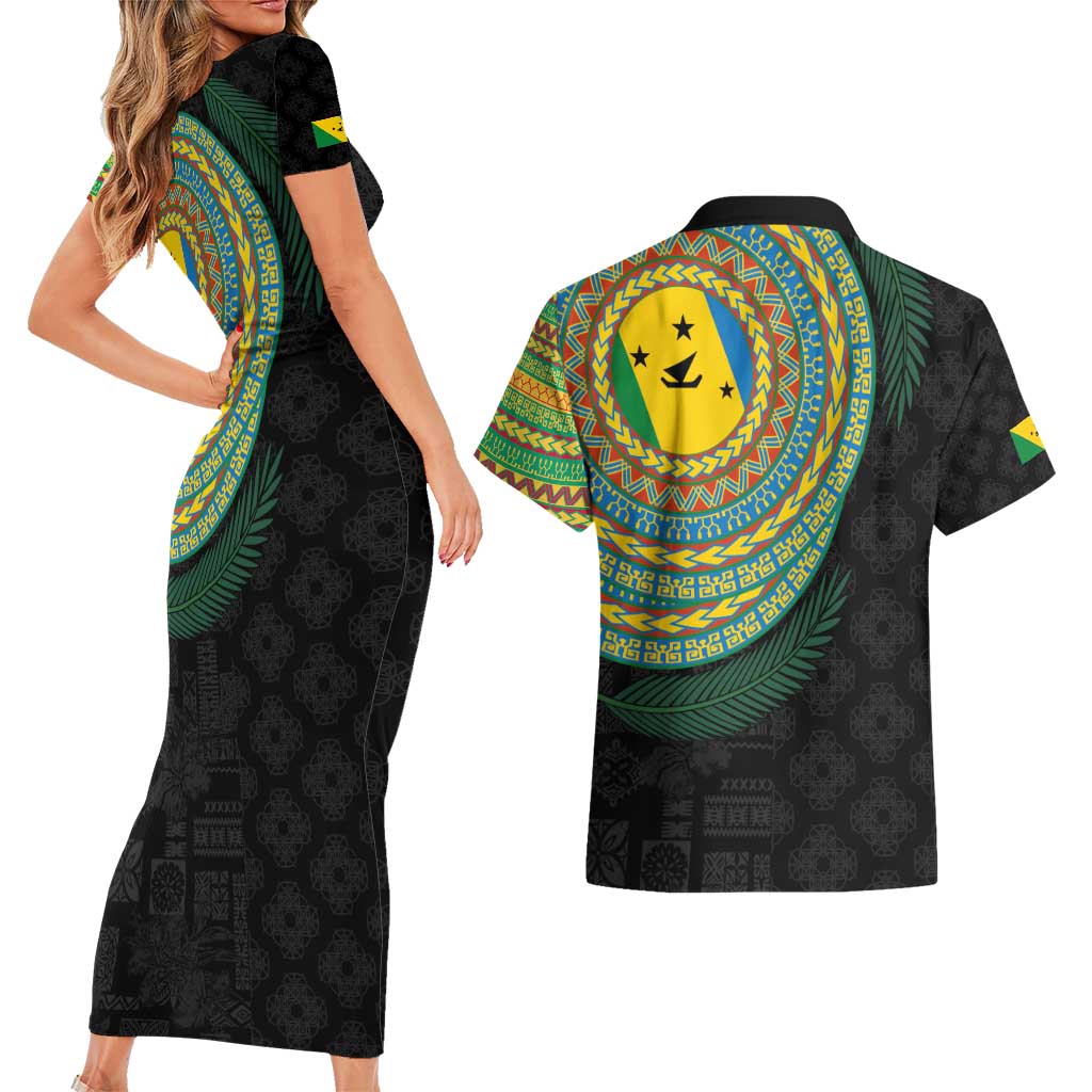 Malampa Tribal Tattoo with Namele Leaves Couples Matching Short Sleeve Bodycon Dress and Hawaiian Shirt