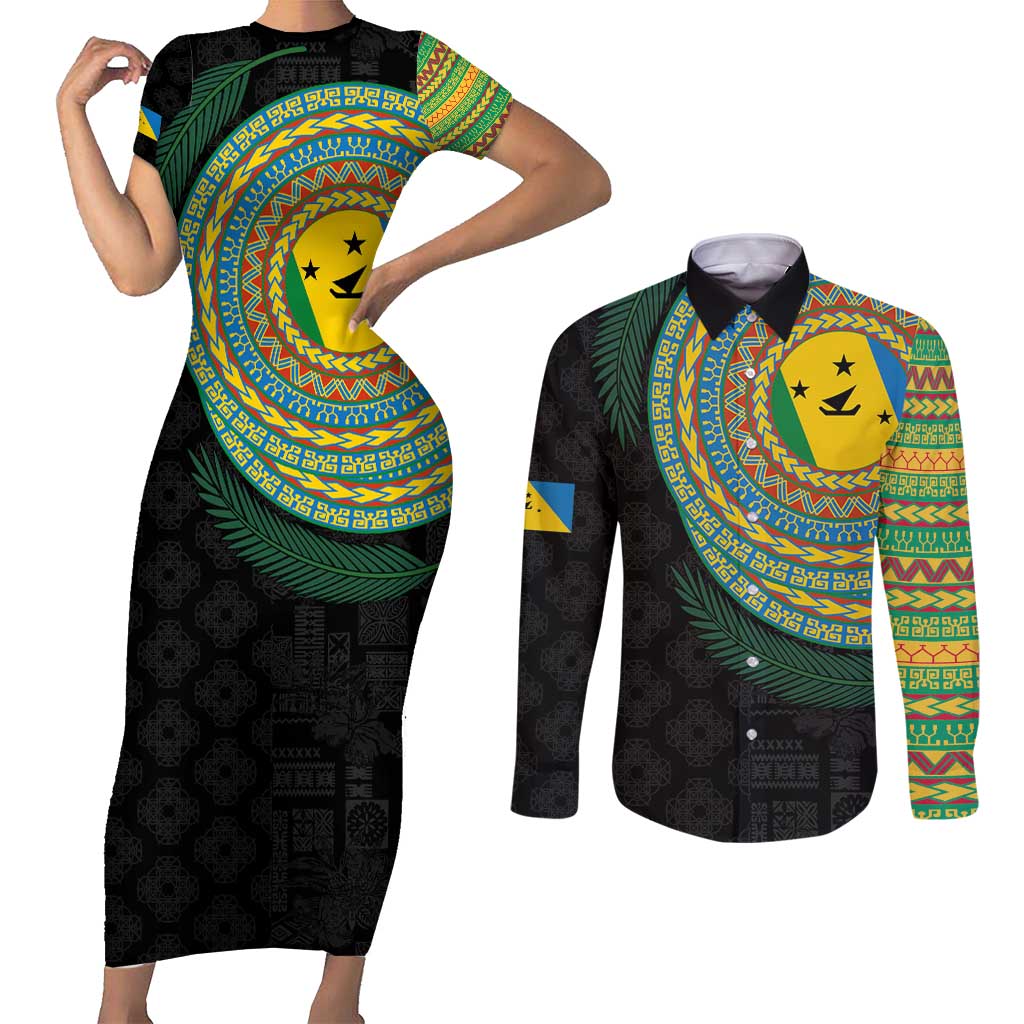 Malampa Tribal Tattoo with Namele Leaves Couples Matching Short Sleeve Bodycon Dress and Long Sleeve Button Shirt