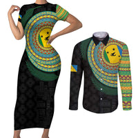 Malampa Tribal Tattoo with Namele Leaves Couples Matching Short Sleeve Bodycon Dress and Long Sleeve Button Shirt