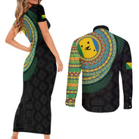 Malampa Tribal Tattoo with Namele Leaves Couples Matching Short Sleeve Bodycon Dress and Long Sleeve Button Shirt