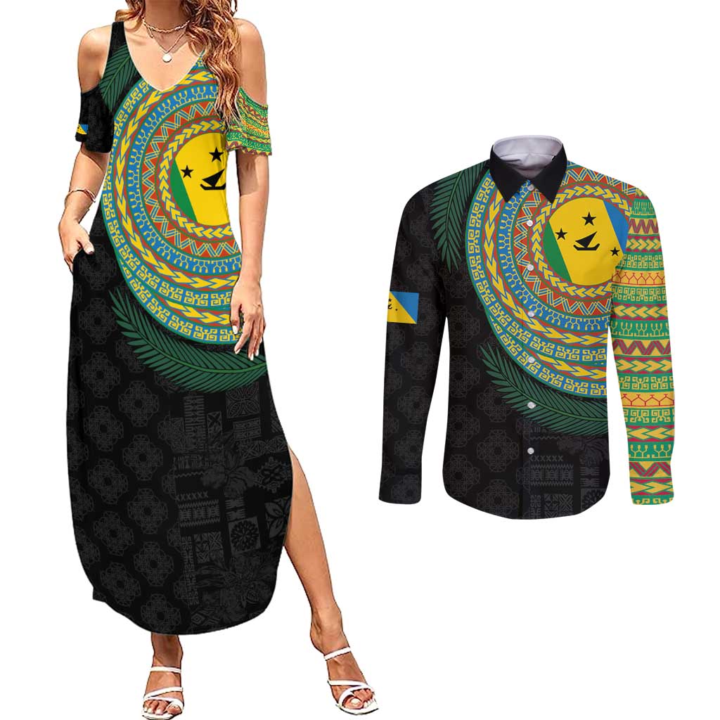 Malampa Tribal Tattoo with Namele Leaves Couples Matching Summer Maxi Dress and Long Sleeve Button Shirt