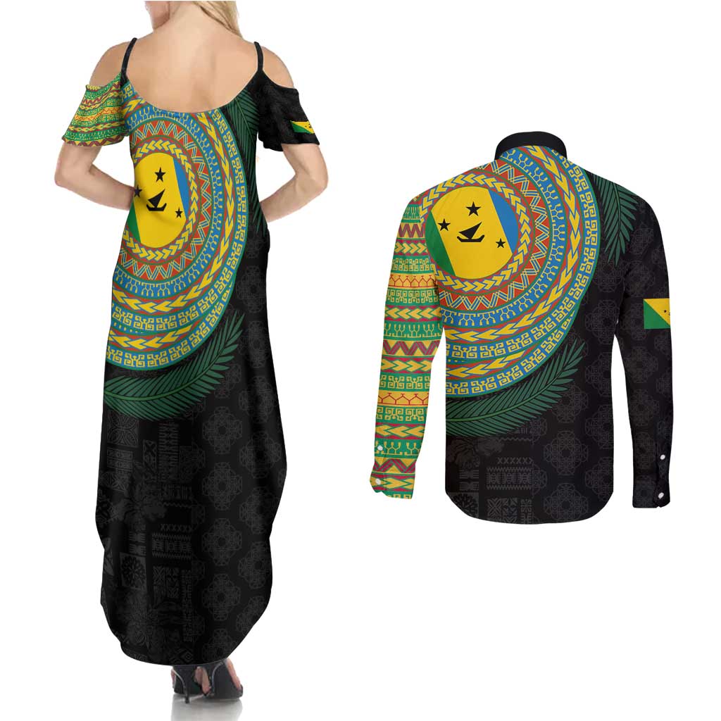 Malampa Tribal Tattoo with Namele Leaves Couples Matching Summer Maxi Dress and Long Sleeve Button Shirt