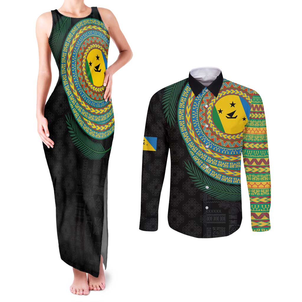 Malampa Tribal Tattoo with Namele Leaves Couples Matching Tank Maxi Dress and Long Sleeve Button Shirt