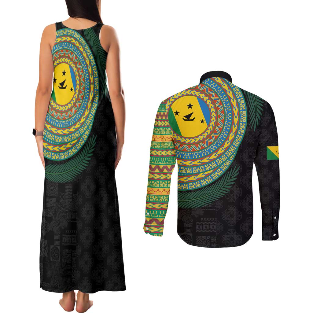 Malampa Tribal Tattoo with Namele Leaves Couples Matching Tank Maxi Dress and Long Sleeve Button Shirt