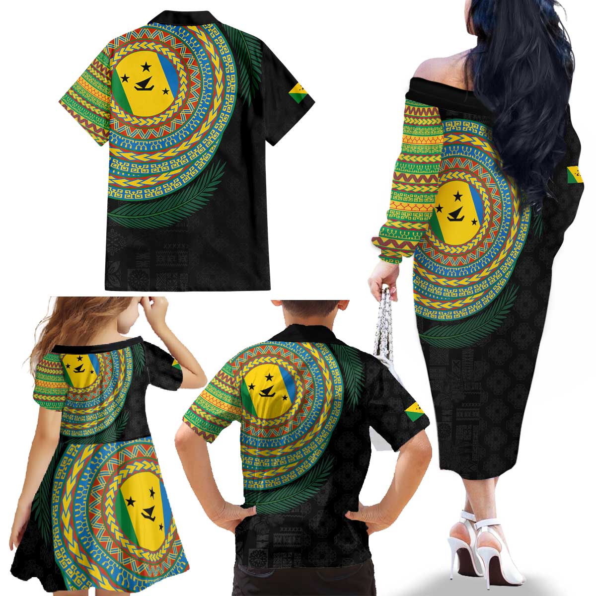 Malampa Tribal Tattoo with Namele Leaves Family Matching Off The Shoulder Long Sleeve Dress and Hawaiian Shirt