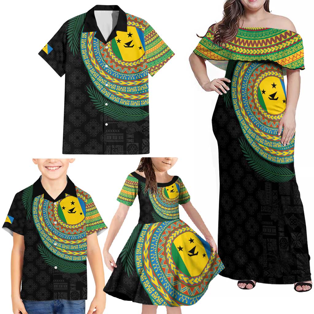 Malampa Tribal Tattoo with Namele Leaves Family Matching Off Shoulder Maxi Dress and Hawaiian Shirt