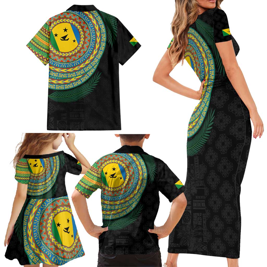 Malampa Tribal Tattoo with Namele Leaves Family Matching Short Sleeve Bodycon Dress and Hawaiian Shirt