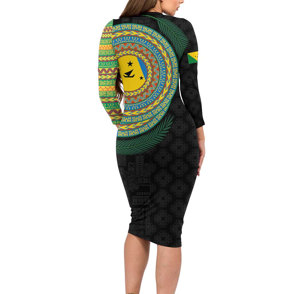Malampa Tribal Tattoo with Namele Leaves Long Sleeve Bodycon Dress