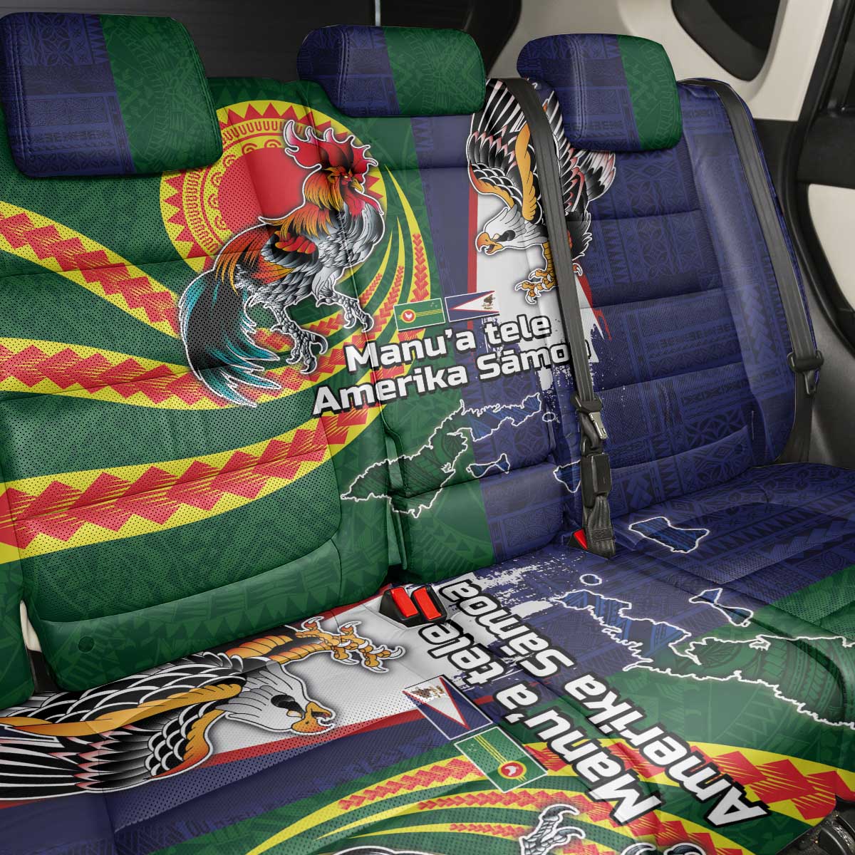 Manuʻa Islands and American Samoa Together Back Car Seat Cover Rooster and Eagle Mascot National Map and Flag Style