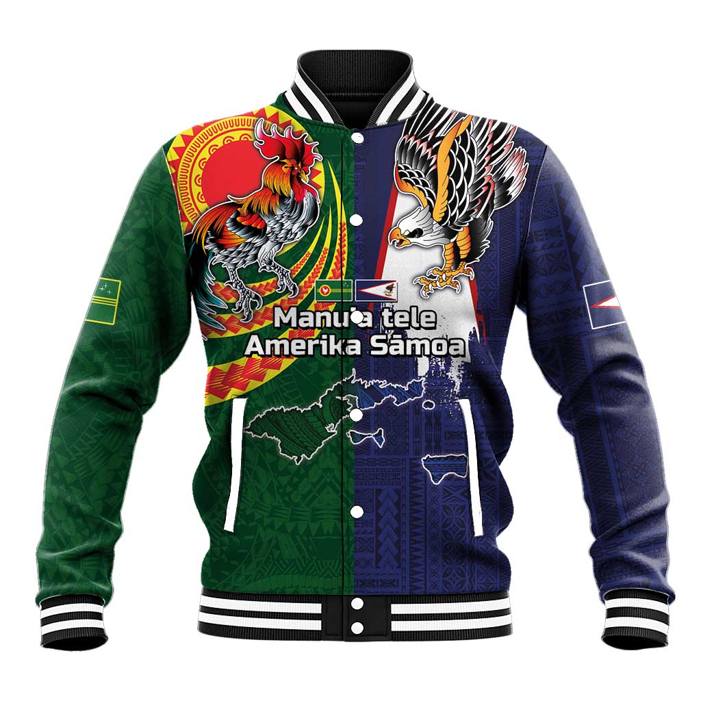 Manuʻa Islands and American Samoa Together Baseball Jacket Rooster and Eagle Mascot National Map and Flag Style LT03 Unisex Green - Polynesian Pride