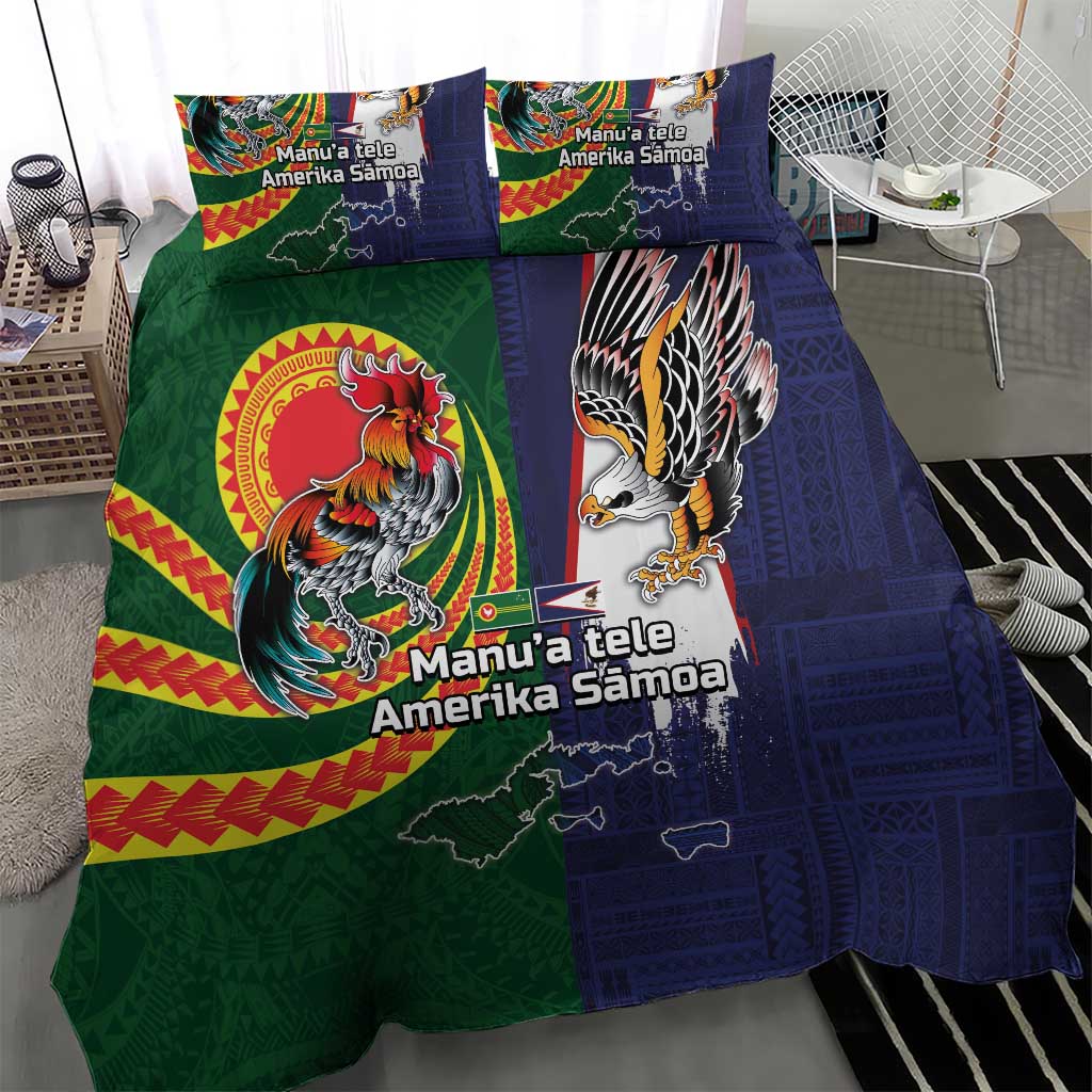 Manuʻa Islands and American Samoa Together Bedding Set Rooster and Eagle Mascot National Map and Flag Style