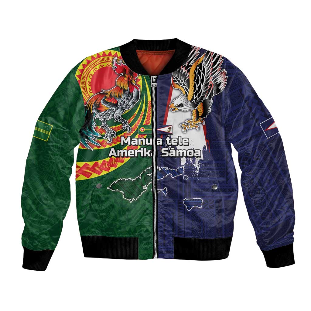 Manuʻa Islands and American Samoa Together Bomber Jacket Rooster and Eagle Mascot National Map and Flag Style LT03 Unisex Green - Polynesian Pride