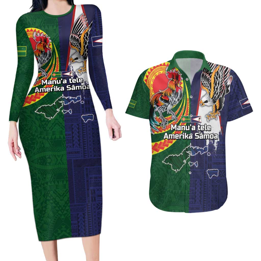 Manuʻa Islands and American Samoa Together Couples Matching Long Sleeve Bodycon Dress and Hawaiian Shirt Rooster and Eagle Mascot National Map and Flag Style LT03 Green - Polynesian Pride