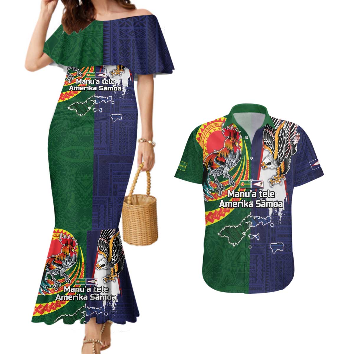 Manuʻa Islands and American Samoa Together Couples Matching Mermaid Dress and Hawaiian Shirt Rooster and Eagle Mascot National Map and Flag Style LT03 Green - Polynesian Pride