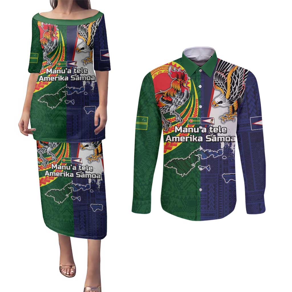 Manuʻa Islands and American Samoa Together Couples Matching Puletasi and Long Sleeve Button Shirt Rooster and Eagle Mascot National Map and Flag Style LT03 Green - Polynesian Pride