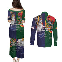 Manuʻa Islands and American Samoa Together Couples Matching Puletasi and Long Sleeve Button Shirt Rooster and Eagle Mascot National Map and Flag Style