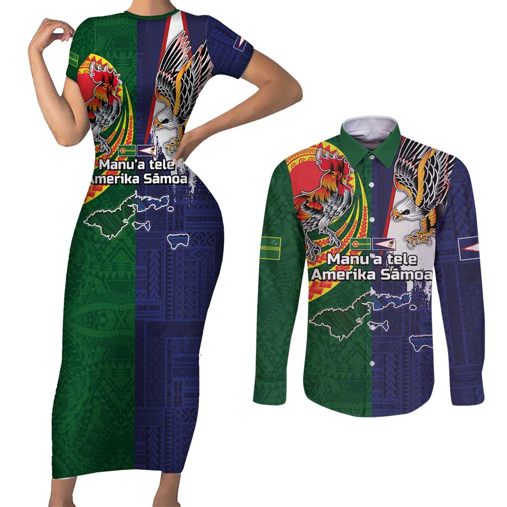 Manuʻa Islands and American Samoa Together Couples Matching Short Sleeve Bodycon Dress and Long Sleeve Button Shirt Rooster and Eagle Mascot National Map and Flag Style LT03 Green - Polynesian Pride