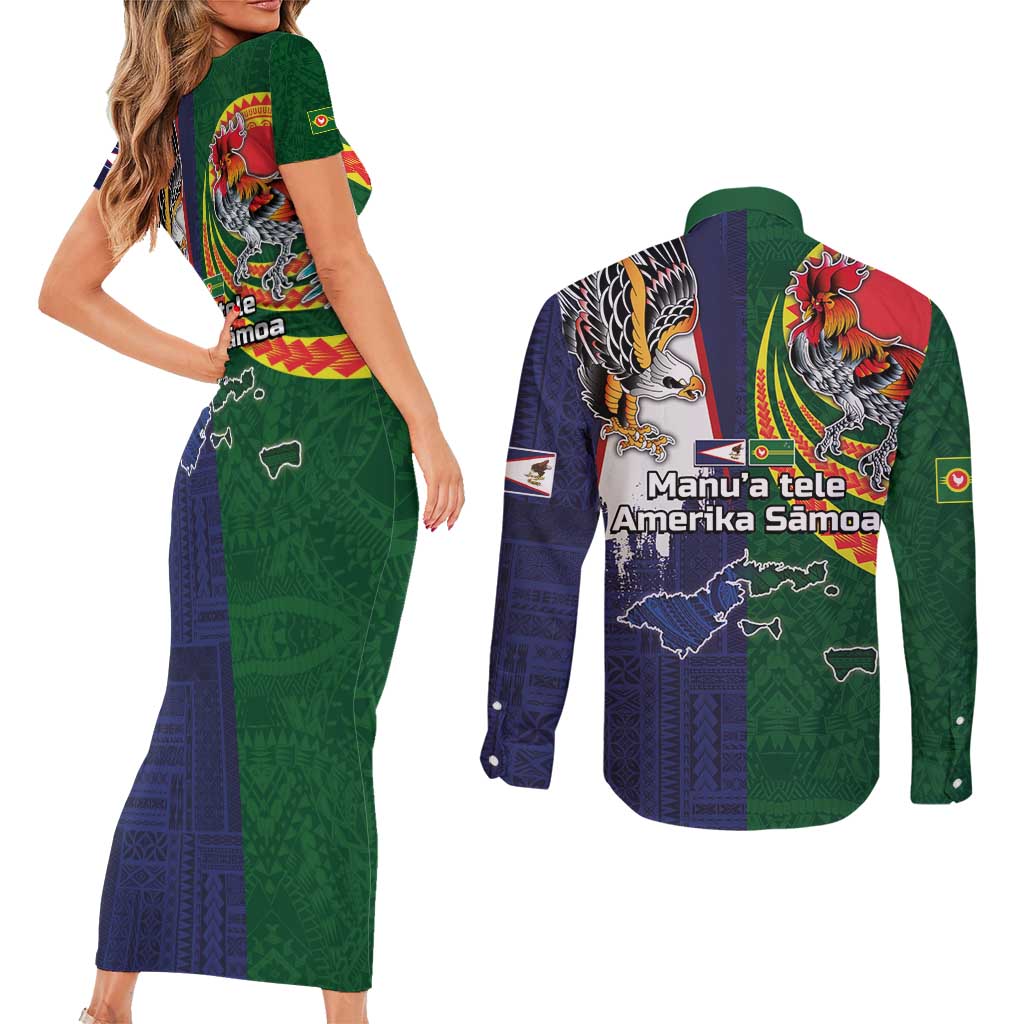 Manuʻa Islands and American Samoa Together Couples Matching Short Sleeve Bodycon Dress and Long Sleeve Button Shirt Rooster and Eagle Mascot National Map and Flag Style