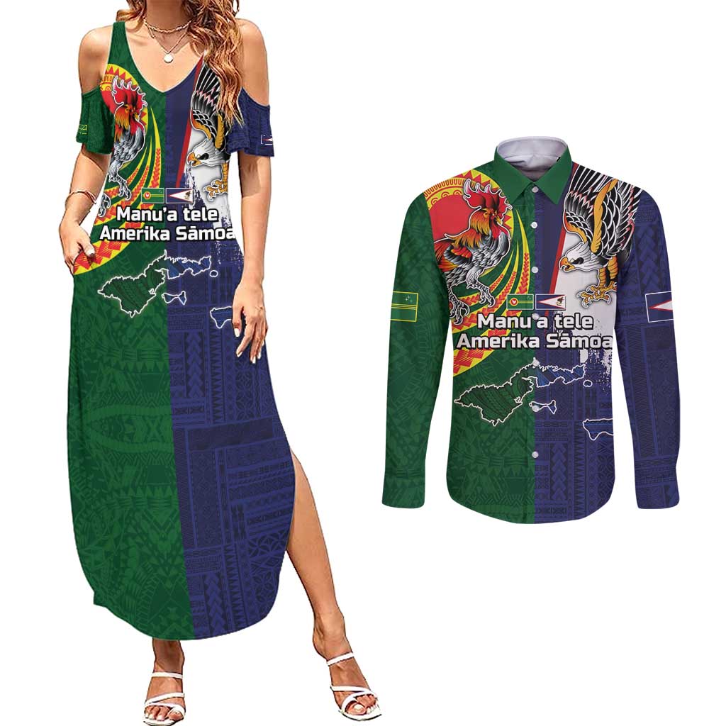 Manuʻa Islands and American Samoa Together Couples Matching Summer Maxi Dress and Long Sleeve Button Shirt Rooster and Eagle Mascot National Map and Flag Style LT03 Green - Polynesian Pride