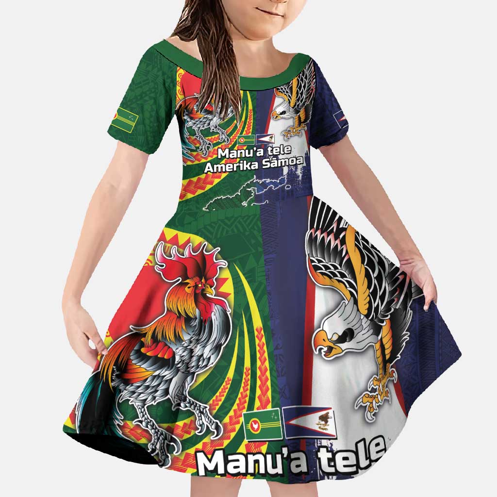 Manuʻa Islands and American Samoa Together Family Matching Long Sleeve Bodycon Dress and Hawaiian Shirt Rooster and Eagle Mascot National Map and Flag Style