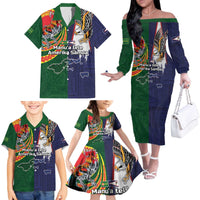 Manuʻa Islands and American Samoa Together Family Matching Off The Shoulder Long Sleeve Dress and Hawaiian Shirt Rooster and Eagle Mascot National Map and Flag Style