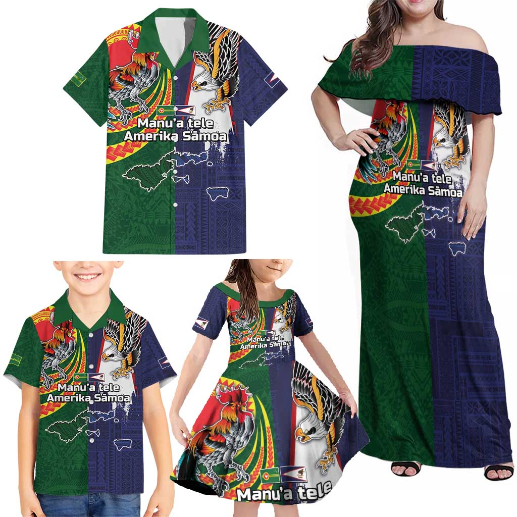 Manuʻa Islands and American Samoa Together Family Matching Off Shoulder Maxi Dress and Hawaiian Shirt Rooster and Eagle Mascot National Map and Flag Style