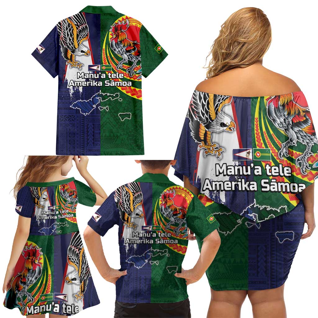 Manuʻa Islands and American Samoa Together Family Matching Off Shoulder Short Dress and Hawaiian Shirt Rooster and Eagle Mascot National Map and Flag Style