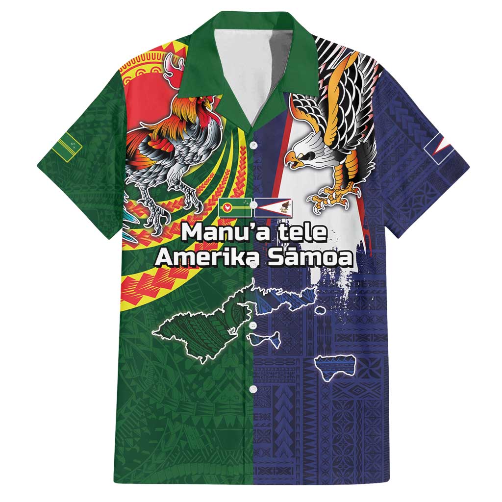 Manuʻa Islands and American Samoa Together Family Matching Off Shoulder Short Dress and Hawaiian Shirt Rooster and Eagle Mascot National Map and Flag Style