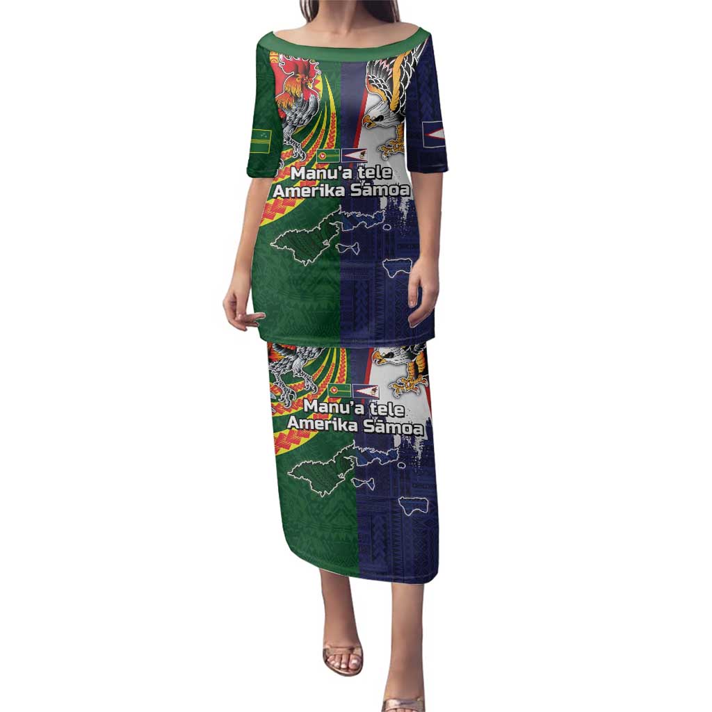 Manuʻa Islands and American Samoa Together Family Matching Puletasi and Hawaiian Shirt Rooster and Eagle Mascot National Map and Flag Style