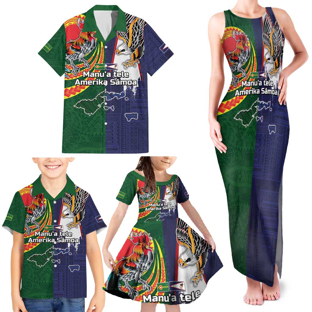 Manuʻa Islands and American Samoa Together Family Matching Tank Maxi Dress and Hawaiian Shirt Rooster and Eagle Mascot National Map and Flag Style