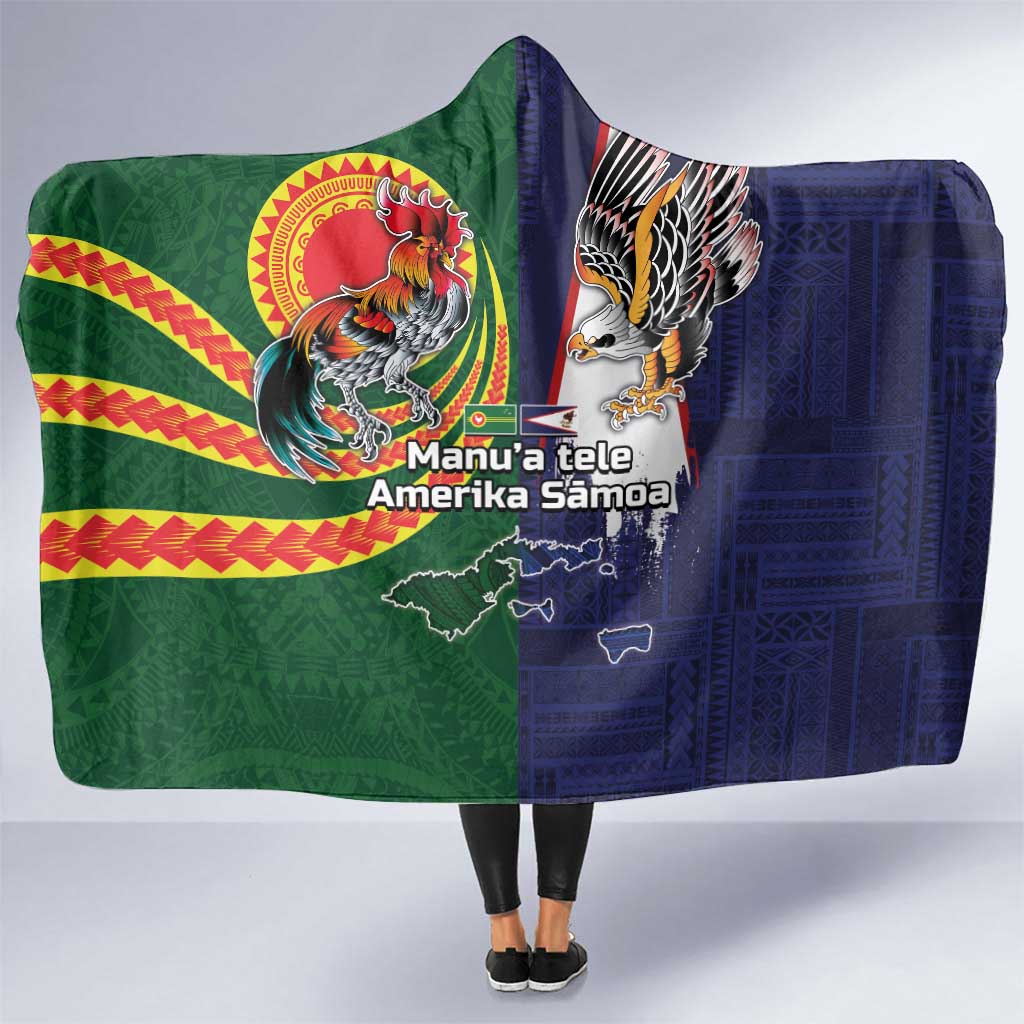Manuʻa Islands and American Samoa Together Hooded Blanket Rooster and Eagle Mascot National Map and Flag Style LT03 One Size Green - Polynesian Pride