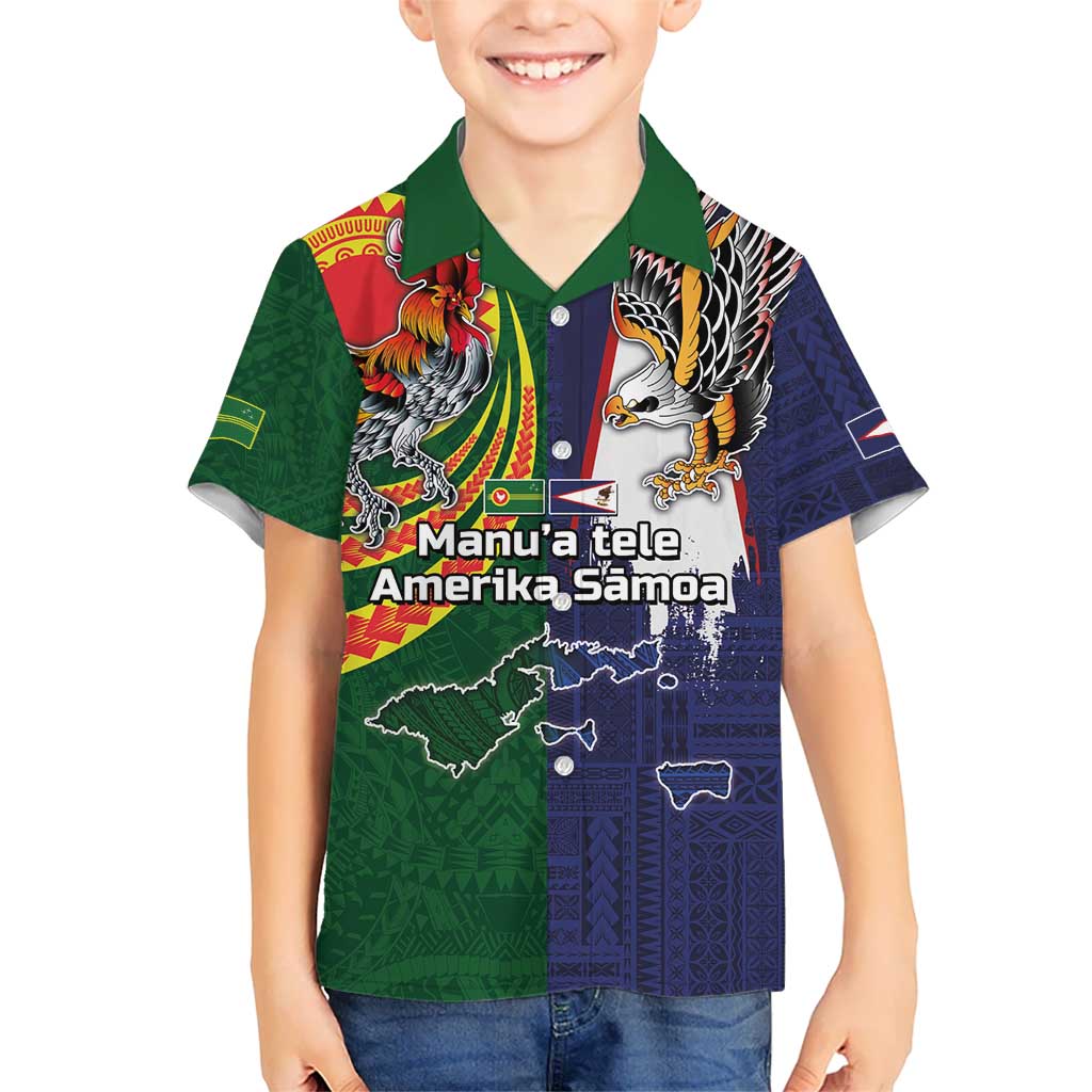 Manuʻa Islands and American Samoa Together Kid Hawaiian Shirt Rooster and Eagle Mascot National Map and Flag Style