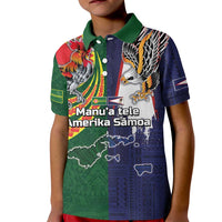 Manuʻa Islands and American Samoa Together Kid Polo Shirt Rooster and Eagle Mascot National Map and Flag Style