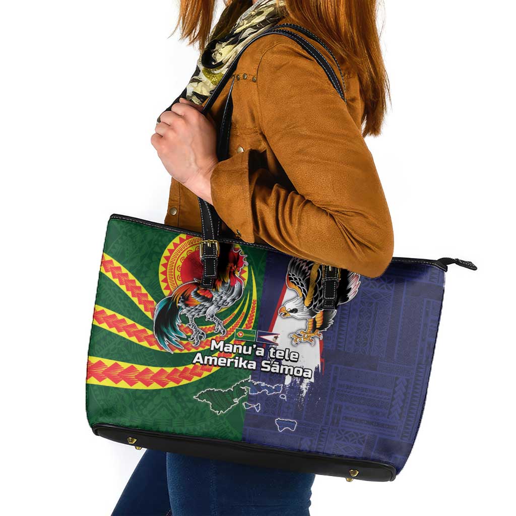 Manuʻa Islands and American Samoa Together Leather Tote Bag Rooster and Eagle Mascot National Map and Flag Style LT03 Green - Polynesian Pride