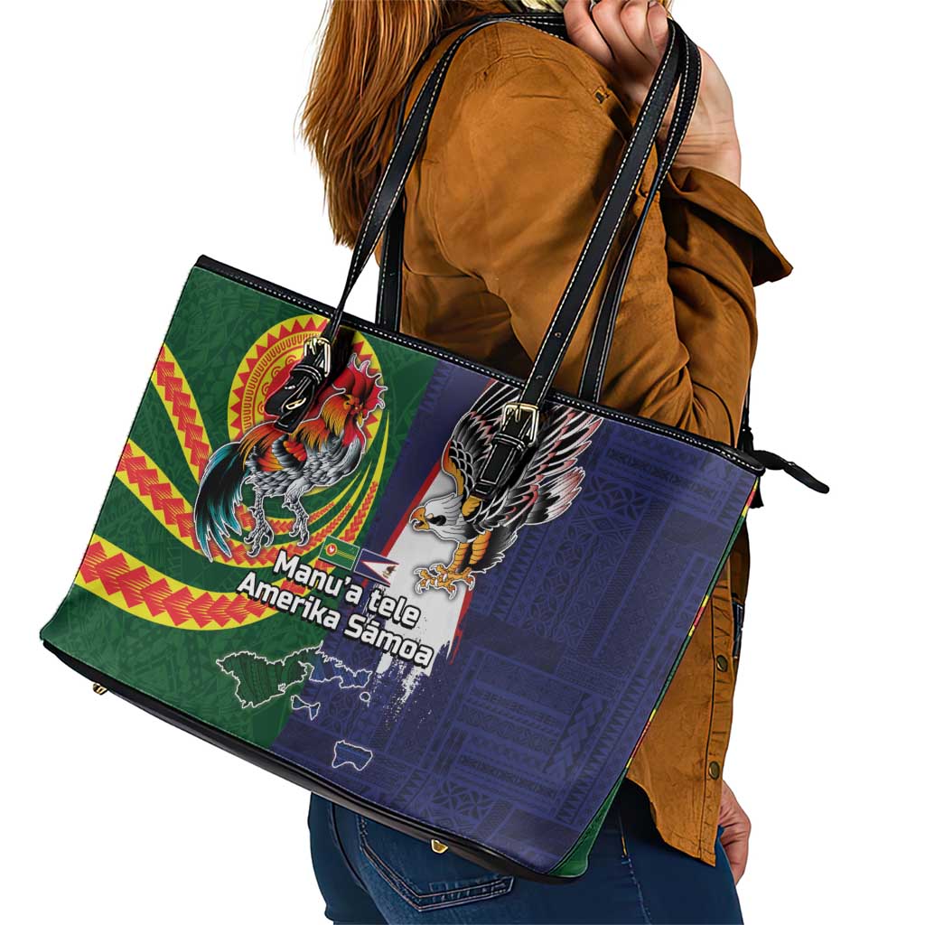 Manuʻa Islands and American Samoa Together Leather Tote Bag Rooster and Eagle Mascot National Map and Flag Style