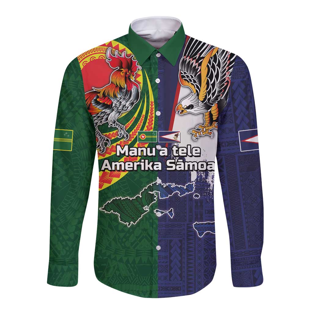 Manuʻa Islands and American Samoa Together Long Sleeve Button Shirt Rooster and Eagle Mascot National Map and Flag Style LT03 Unisex Green - Polynesian Pride