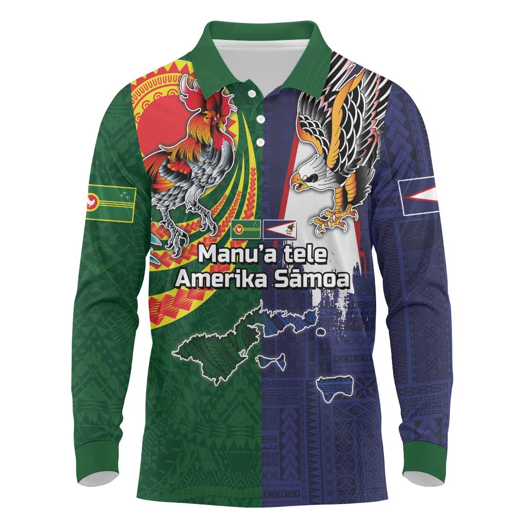Manuʻa Islands and American Samoa Together Long Sleeve Polo Shirt Rooster and Eagle Mascot National Map and Flag Style