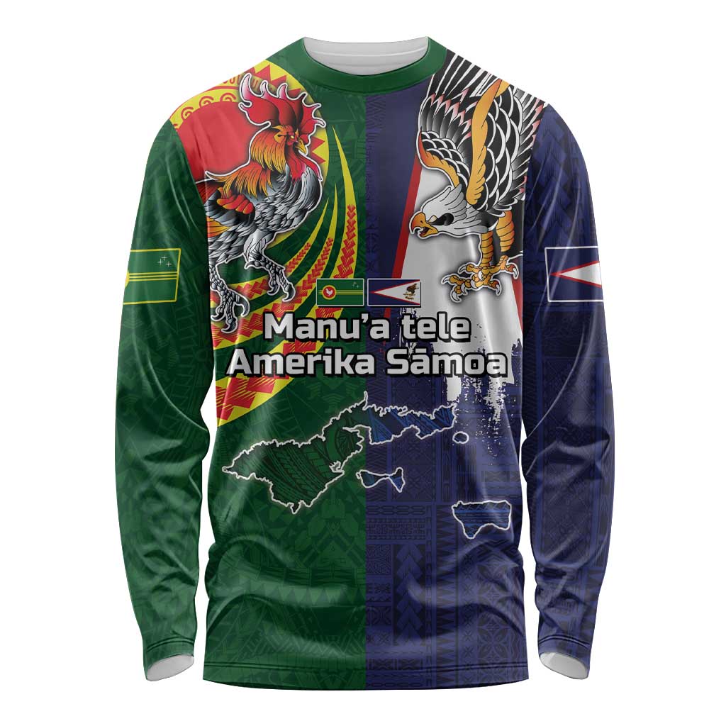 Manuʻa Islands and American Samoa Together Long Sleeve Shirt Rooster and Eagle Mascot National Map and Flag Style LT03 Unisex Green - Polynesian Pride